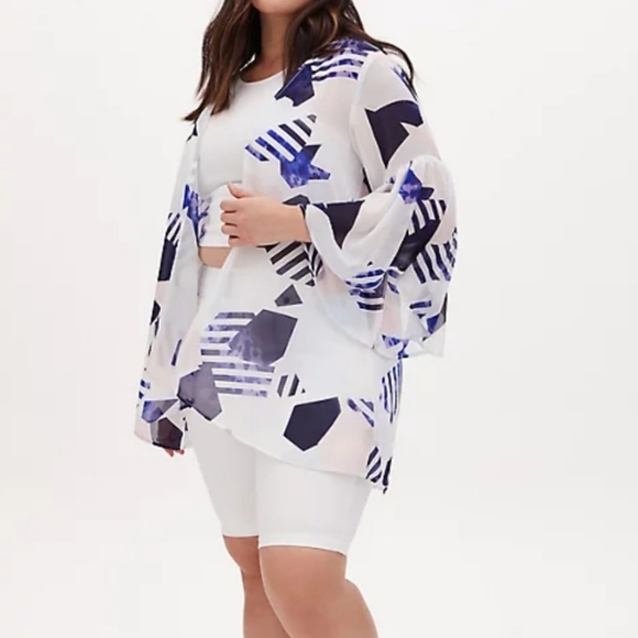 Torrid Chiffon Geometric Blue White Open Front Kimono Women's Size Medium/Large - Picture 2 of 14